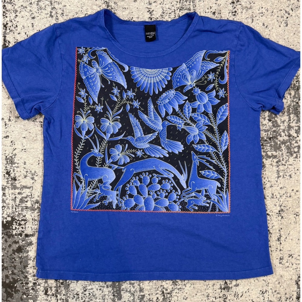 Sabaku Artwear Womens Small Blue Fantasia Hummingbird Floral Tee Made USA